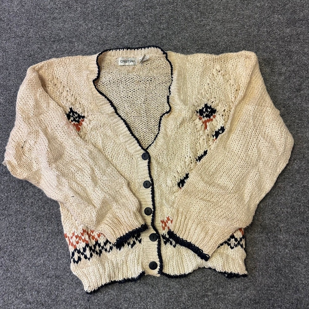 Cristina Cardigan Womens Size L Cream Ramie Blend Knit Vintage Navy Trim V-Neck